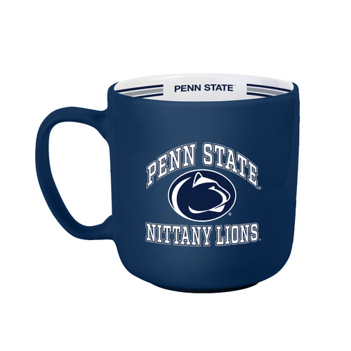 Penn State 15oz striped mug from Logo Brands, showing blue and white ceramic drinkware with Penn State logo and stripes.