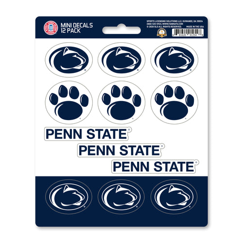 Set of 12 Penn State mini decals by Logo Brands, featuring Nittany Lion logos on adhesive decal sheets.