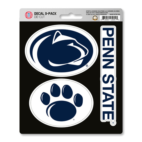 Set of three Penn State decal stickers featuring the Logo Brands logo and Nittany Lion design, ideal for decorating surfaces.