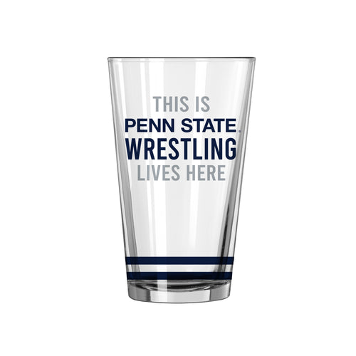 Penn State Wrestling 16oz pint glass with team logo, clear drinkware perfect for fans and sports enthusiasts.