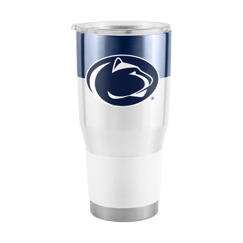 Penn State 30oz colorblock stainless steel tumbler with logo branding, durable drinkware for hot and cold beverages.