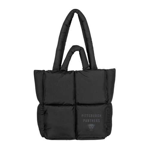 Black tote bag from Logo Brands Pittsburgh Puff collection, showing sturdy handles and spacious interior for versatile use.