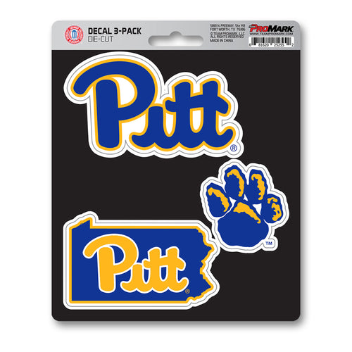Set of three University of Pittsburgh decals by Logo Brands, featuring Pitt Panthers logos on adhesive stickers.