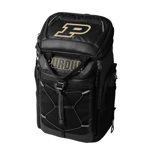 Purdue 26-can backpack cooler by Logo Brands, featuring insulated main compartment and adjustable straps for outdoor use.