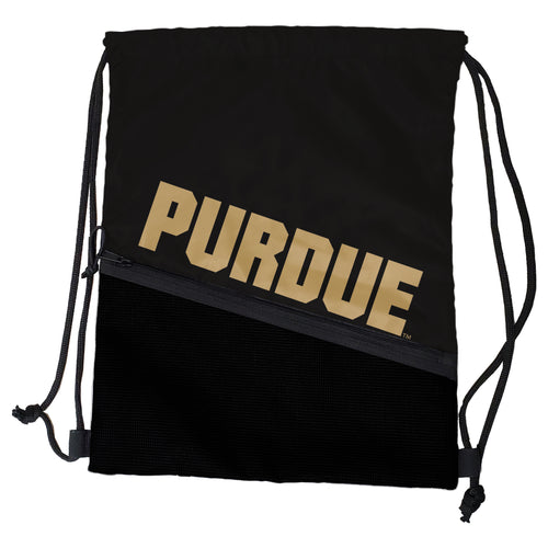 Purdue Tilt Backsack by Logo Brands, a stylish black bag with adjustable straps and Purdue logo, designed for casual use.