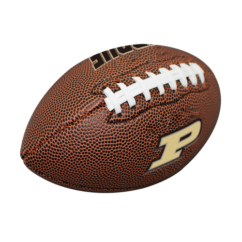 Mini size Purdue composite football by Logo Brands for recreation, featuring Purdue team colors and logo on the surface.