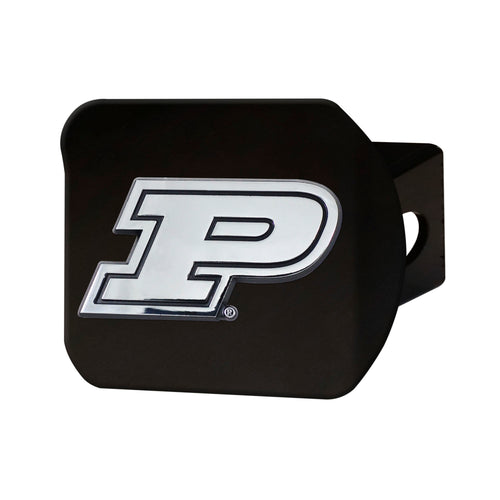 Chrome hitch cover featuring Purdue University logo on black background, designed for vehicle hitch receivers.