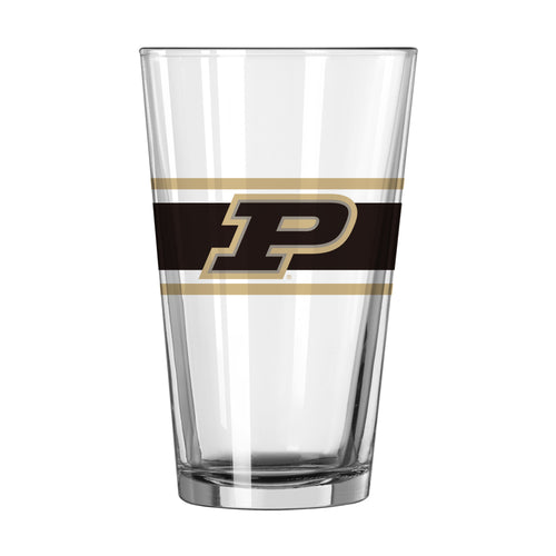 Purdue 16oz stripe pint glass featuring Purdue University logo and blue and white stripes, designed for drinkware collection.