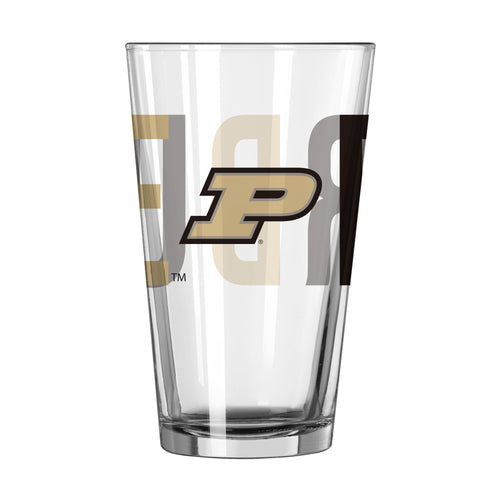 Purdue 16oz Overtime pint glass with logo branding, clear glass for drinks and beverage serving.