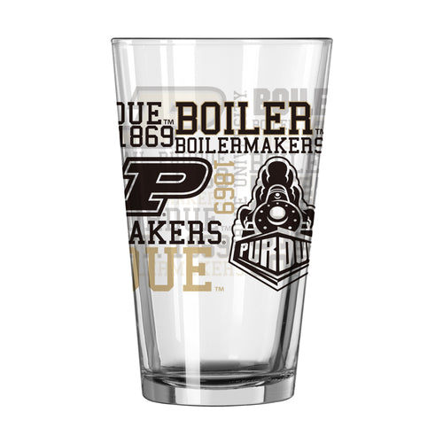 Purdue 16oz Spirit Pint Glass from Logo Brands, clear drinkware with Purdue logo and design, suitable for beverages.