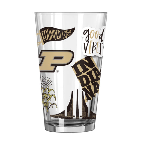 Purdue 16oz Native Pint Glass by Logo Brands, clear drinkware with Purdue logo and native design, 16-ounce capacity.