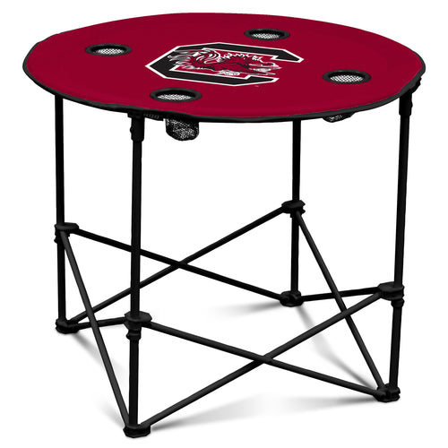 Round South Carolina-themed wooden table by Logo Brands, featuring a detailed state map design for home or outdoor use.