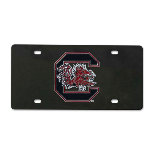 Black diecast license plate featuring University of South Carolina logo, made by Logo Brands, with bold school colors and design.