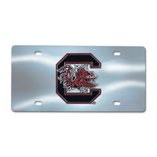 University of South Carolina chrome diecast license plate, Logo Brands, with team logo and vibrant school colors for vehicle decoration.
