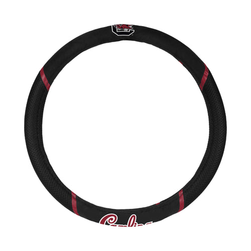 University of South Carolina logo steering wheel cover by Logo Brands, black auto cover with university emblem on the wheel.