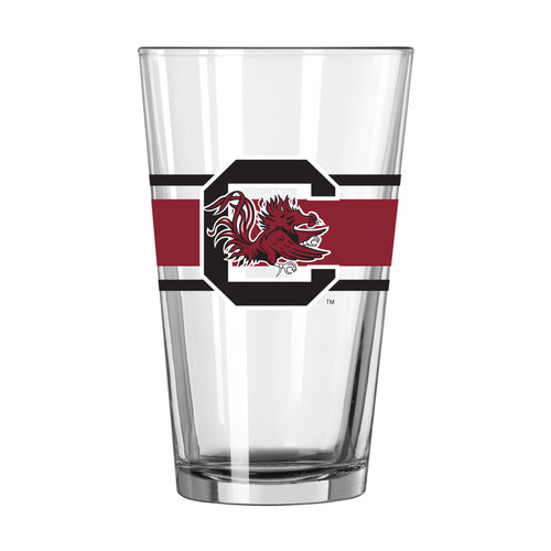 South Carolina 16oz Stripe Pint Glass featuring bold stripes and logo branding, ideal for serving beverages in style.