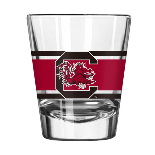 South Carolina 2oz stripe shot glass from Logo Brands, clear glass drinkware with blue and white stripe design.