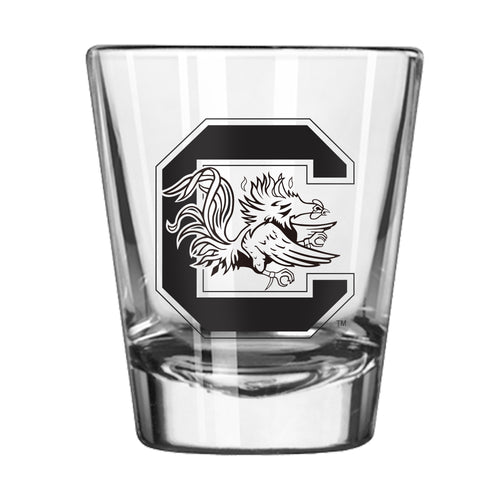 South Carolina black 2oz Gameday shot glass by Logo Brands, featuring team logo and design for sports fans.