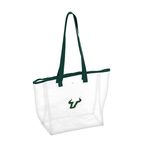 Clear stadium bag from Logo Brands for South Florida sports events, featuring a transparent design with handles and logo accents.