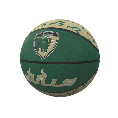 Mini rubber basketball with South Florida repeating logo, designed for recreational use by Logo Brands.