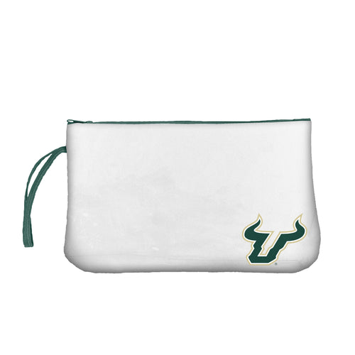 Clear South Florida wristlet bag by Logo Brands featuring a transparent design and wrist strap for easy carrying.