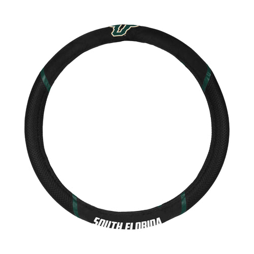 University of South Florida logo steering wheel cover by Logo Brands on a car steering wheel.