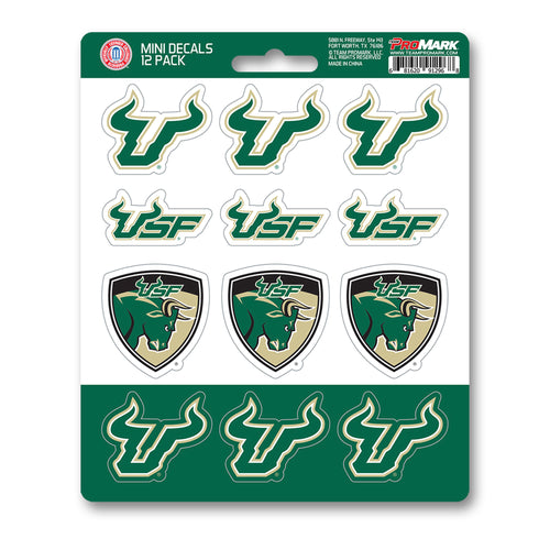 Set of 12 University of South Florida mini decals by Logo Brands, featuring USF logos and campus symbols for decorating laptops and notebooks.