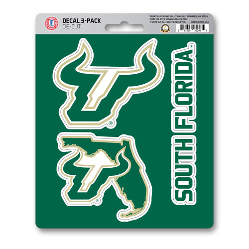 Set of three University of South Florida decal stickers by Logo Brands, featuring USF logos and school colors.