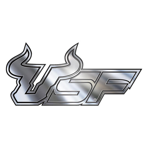 University of South Florida plastic chrome emblem with logo branding, featuring a shiny chrome finish and detailed USF logo design.
