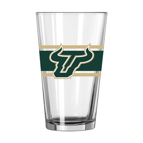 South Florida stripe pint glass by Logo Brands, 16oz drinkware with blue and white stripe design on clear glass.