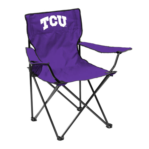 Logo Brands TCU Quad Chair, portable folding furniture with TCU Wildcats logo, black frame and purple fabric seat and backrest.