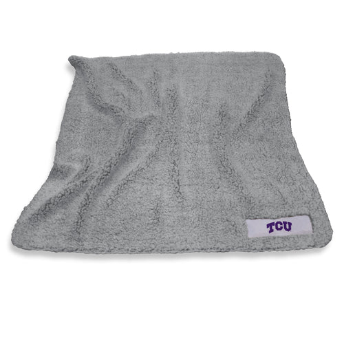 Charcoal Frosty Fleece blanket by Logo Brands, TCU Color, soft and cozy with TCU logo design, perfect for comfort and warmth.