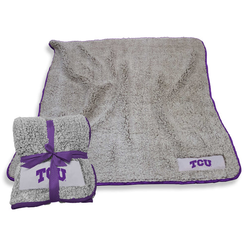 Soft TCU Frosty Fleece blanket by Logo Brands, featuring the TCU Horned Frogs logo and university colors, cozy and plush.