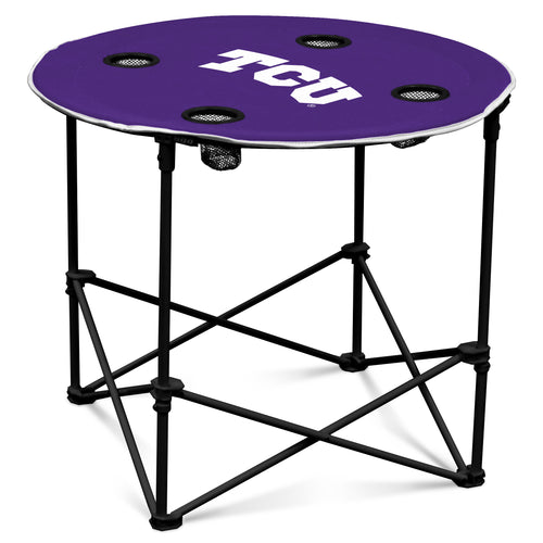 Round TCU logo-branded furniture table with a wooden top and metal legs, suitable for casual or office spaces.