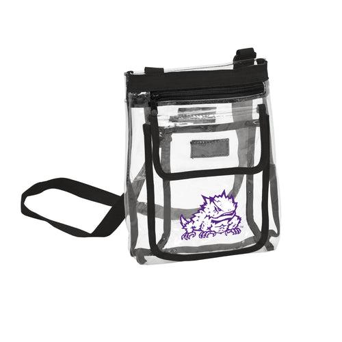Clear crossbody bag for TCU Gameday with adjustable strap and logo branding, made of transparent material for stadium security.