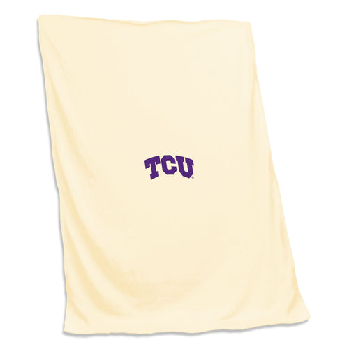 TCU oatmeal screened sweatshirt blanket by Logo Brands, soft cozy fleece with TCU logo and team design for fans.