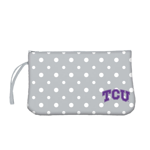 TCU Dot wristlet bag by Logo Brands with TCU Horned Frogs logo, featuring a compact design and wrist strap detail.