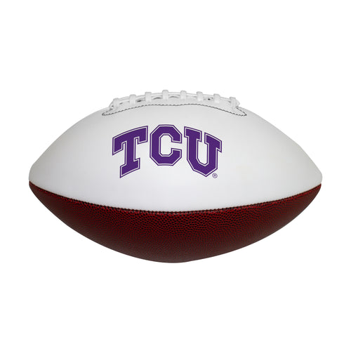 Official TCU football with autograph, recreation size, branded by Logo Brands, featuring team logo and signature details.