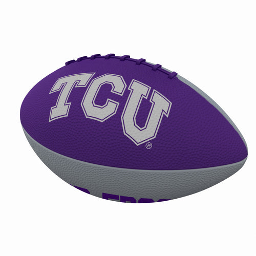 Junior size rubber football with TCU Pinwheel design, made by Logo Brands, perfect for recreational play and outdoor activities.