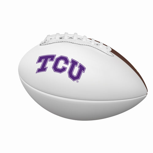 Mini TCU autograph football by Logo Brands, recreation football with TCU logo and signature design, suitable for display or collection.