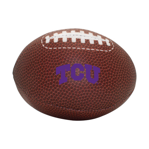 TCU composite brown micro soft football for recreation by Logo Brands, showing detailed textured surface and white laces.