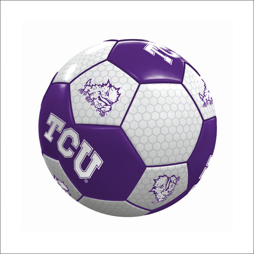 TCU Mini Soccer Ball by Logo Brands, small recreational sports ball with TCU logo, suitable for casual play or display.