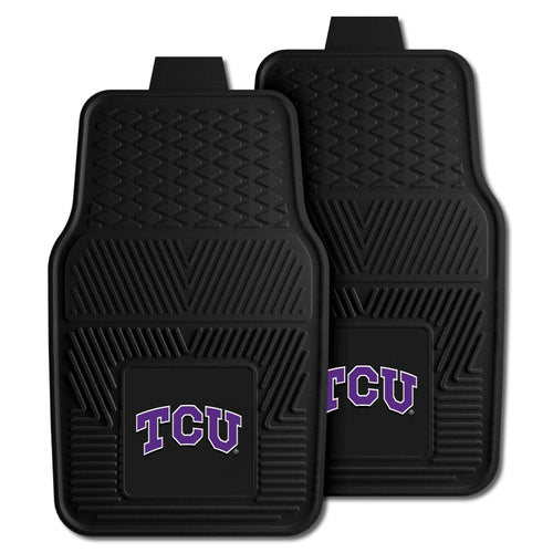 Texas Christian University vinyl car mat set by Logo Brands, showing two TCU-themed auto mats with TCU logo and purple accents.