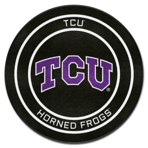 Texas Christian University puck mat by Logo Brands featuring TCU logo and team colors, designed for hockey pucks and sports decor.