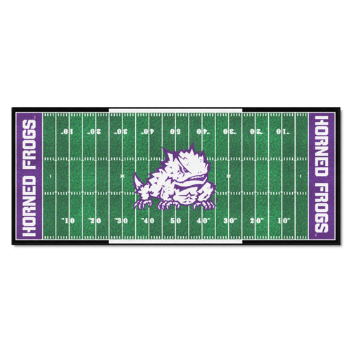 Texas Christian University football field runner mat by Logo Brands, featuring TCU logo and team colors for sports decor.