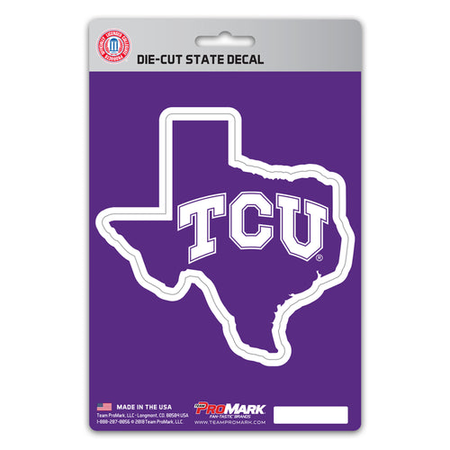 Texas Christian University decal in the shape of Texas, featuring the TCU logo, suitable for stickers or car decals.