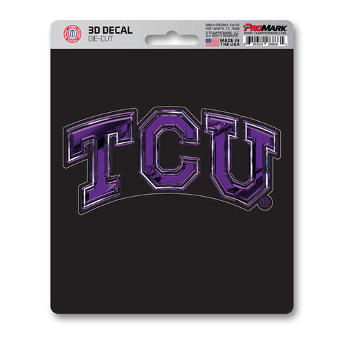 Texas Christian University 3D decal sticker featuring TCU logo and vibrant colors, perfect for laptops or water bottles.