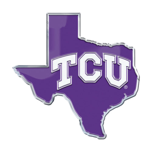 Texas Christian University embossed emblem featuring the school’s state emblem, made by Logo Brands.