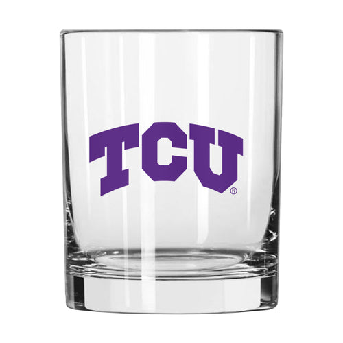 14oz TCU Gameday Rocks Glass by Logo Brands, clear drinkware with TCU logo ideal for game day celebrations