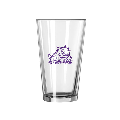 TCU 16oz Gameday pint glass with TCU logo and team colors, clear drinkware perfect for game day celebrations